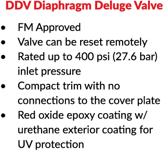 DDV Diaphragm Deluge Valve FM Approved Valve can be reset remotely Rated up to 400 psi (27 6 bar) inlet pressure Comp   