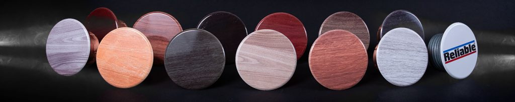 Reliable's set of twelve standard printed wood grain finishes for cover plates.