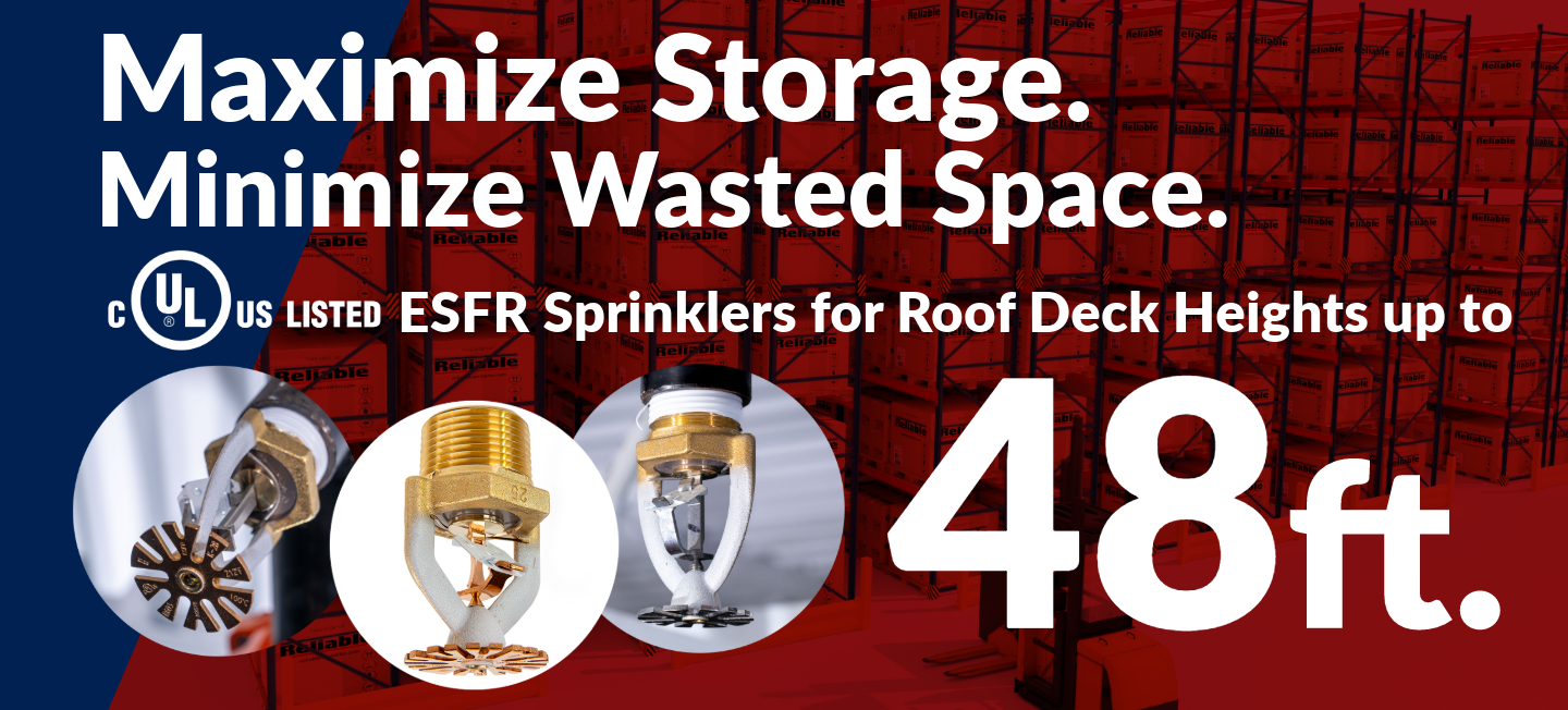 Image banner for ESFR sprinklers for 48 foot deck heights showing a P25, N28T3, and N28T6 on a red and blue background.