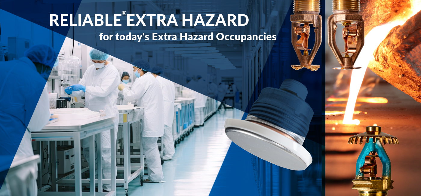 A colorful web banner for Reliable Extra Hazard Sprinklers