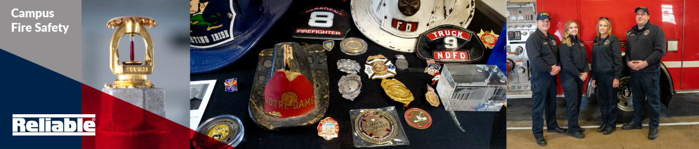 A banner showing a Fire sprinkler, Notre Dame Firefighters, and old memorabilia